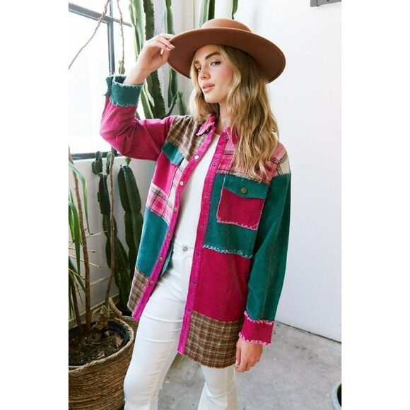 Fantastic Fawn Plaid Corduroy Button Down Longline Shacket IFJ63444-02 - Picture 4 of 10